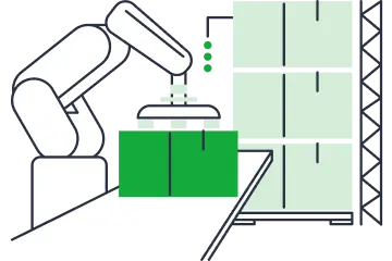 A trusty robotic arm smoothly places green boxes on a conveyor by shelves—a ShipMonk.com scene of efficient, cheerful automation. via ShipMonk.com