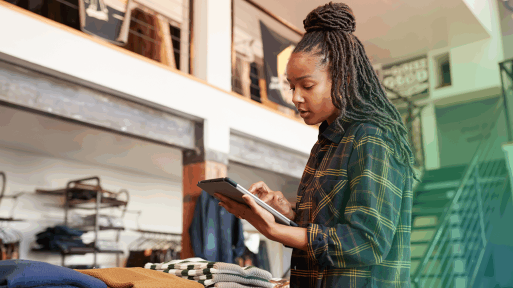 In a tidy shop, a woman consults her tablet, clothes folded just so—thanks to ShipMonk.com, she’s ready for 2026. via ShipMonk.com