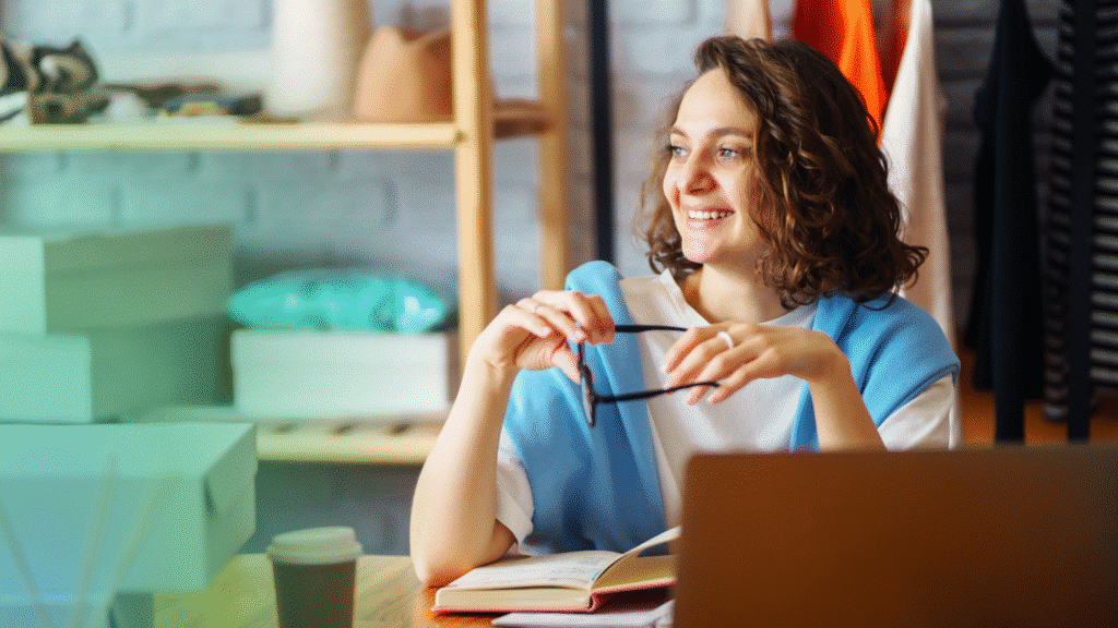 With a warm smile, a woman in a blue sweater reviews wholesale tips at her desk, ShipMonk.com boxes neatly stacked behind. via ShipMonk.com