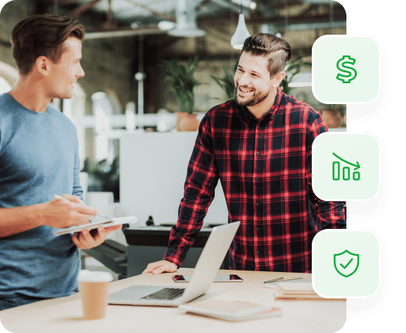 Two men chat warmly by a laptop; icons highlight ShipMonk.com’s money-saving, growth, and protection.