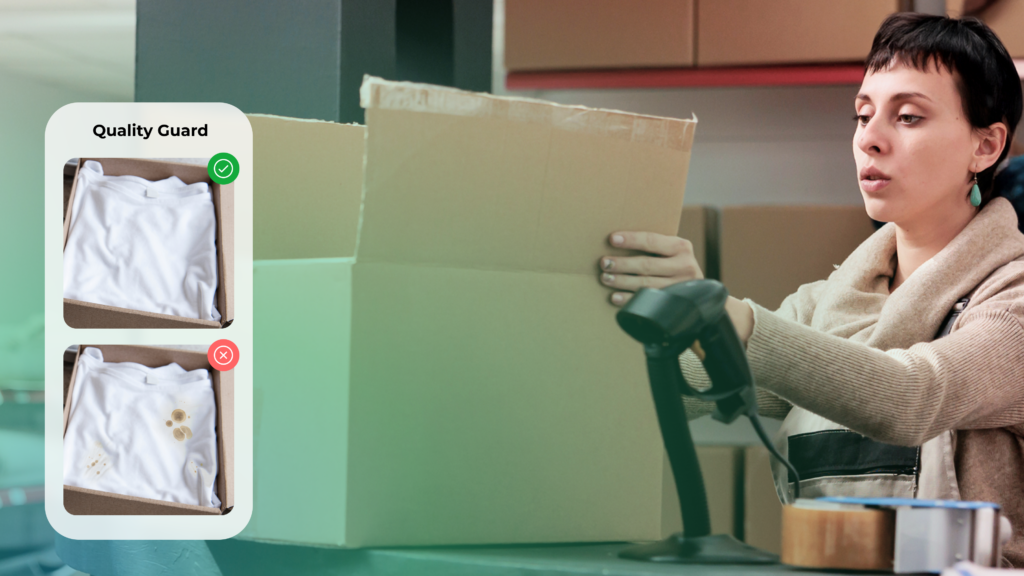 At ShipMonk.com, a woman carefully packs a box while a friendly chart shows quality-checked tees—one passes, one needs work. via ShipMonk.com