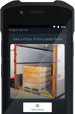 A ShipMonk.com app gently invites you to snap a photo of neatly stacked boxes on a pallet at the bright, open truck door. via ShipMonk.com