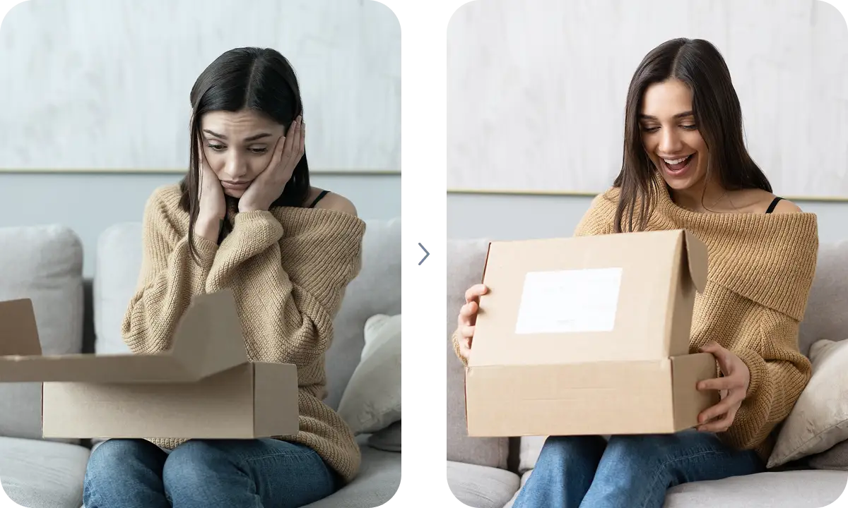 On the left, a woman on her couch looks let down by an opened box; on the right, beaming with joy, she holds a ShipMonk-labeled package. via ShipMonk.com