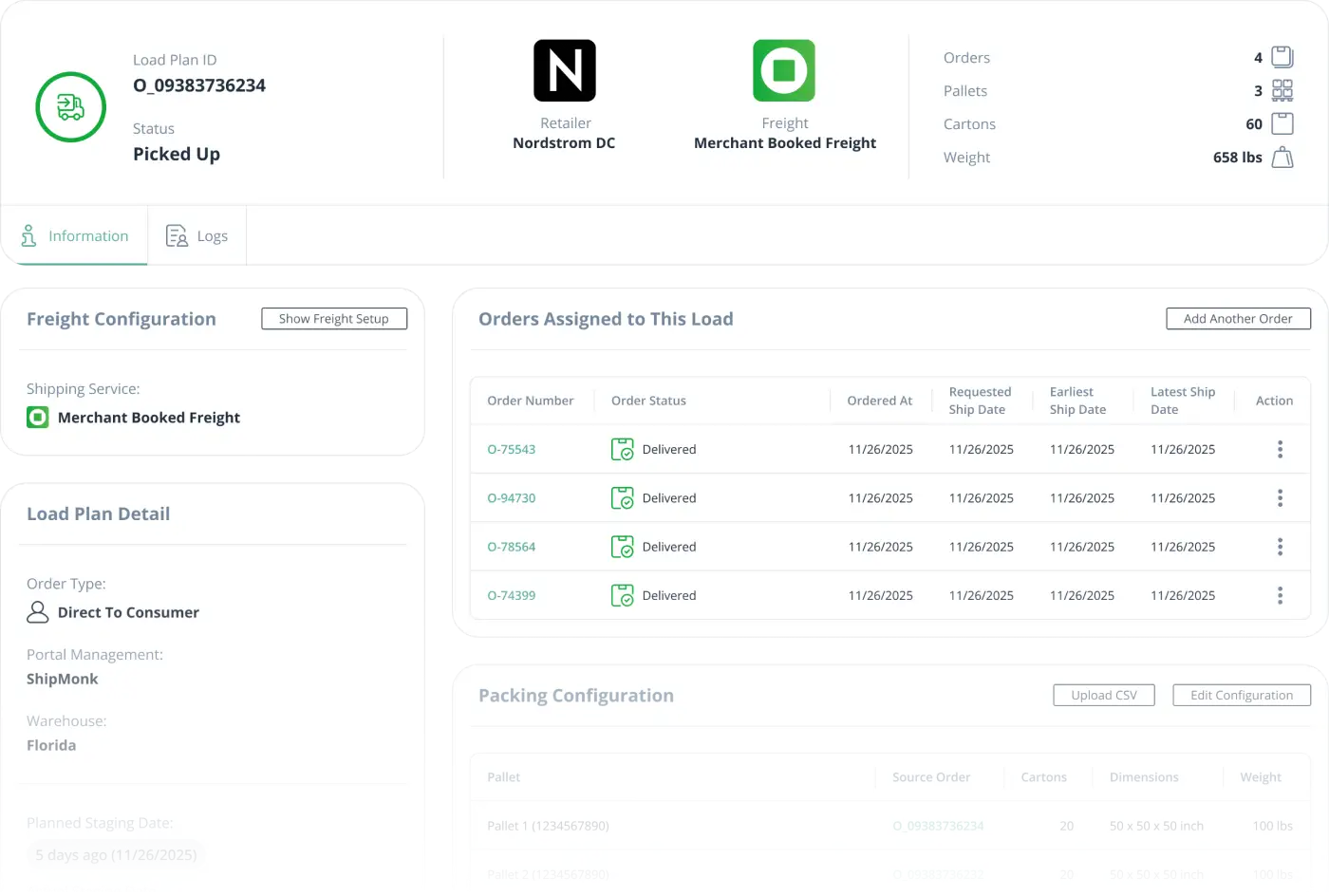 A ShipMonk.com dashboard neatly showcases shipment details, logos, order statuses, and all the tools for smooth deliveries. via ShipMonk.com