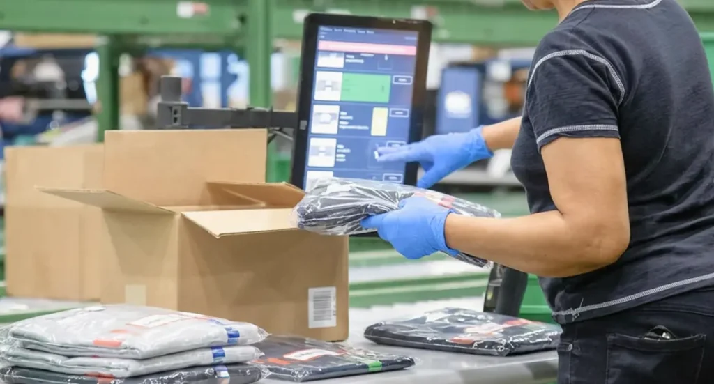 With ShipMonk.com’s charm, a gloved packer scans and neatly tucks folded clothes into a box at a smart workstation. via ShipMonk.com