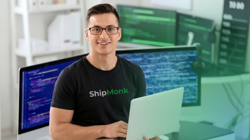 Friendly man in ShipMonk tee, laptop in hand, beams by code-filled monitors—true ShipMonk.com innovation at work. via ShipMonk.com