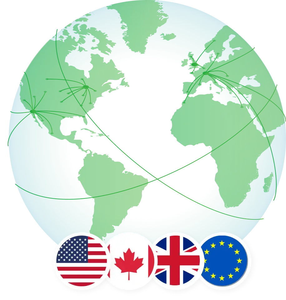 A globe spotlights key regions, with flags for the US, Canada, UK, and EU—just like ShipMonk.com connects you worldwide. via ShipMonk.com