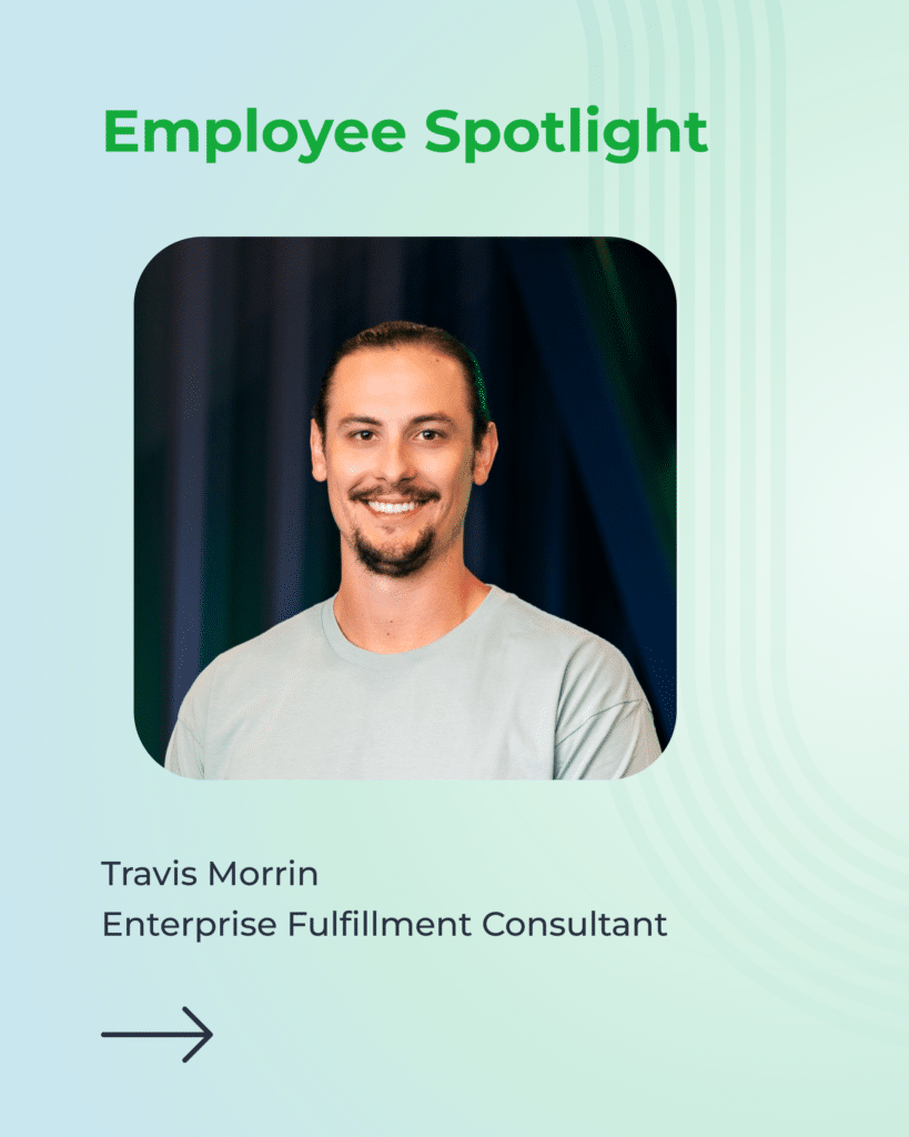 Travis Morrin beams in a fresh green shirt, hair neatly tied back—ShipMonk.com’s own fulfillment expert, arrow inviting you in. via ShipMonk.com