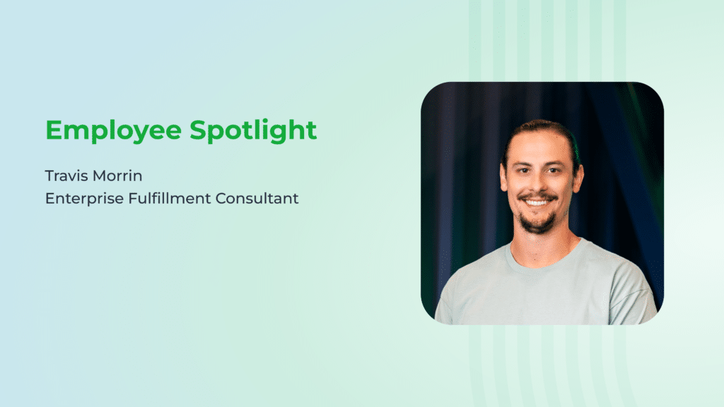 ShipMonk.com Employee Spotlight: Travis Morrin, beaming in a crisp light shirt, set against lively green-blue tones. via ShipMonk.com
